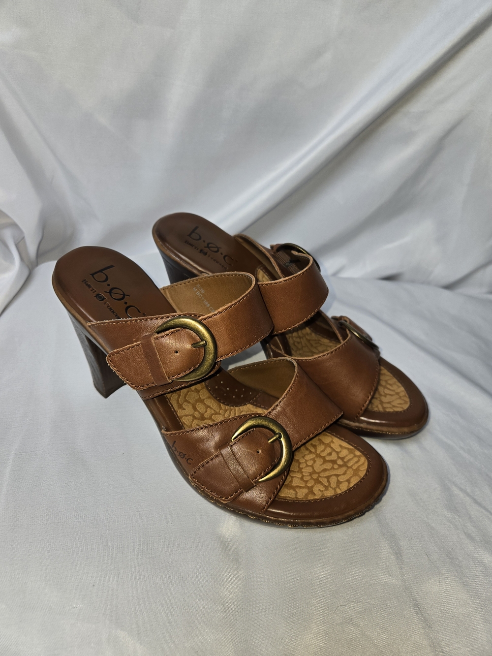 b.o.c. Born Concept Brown Leather Double Strap Buckle Slide Sandals Heeled Mule